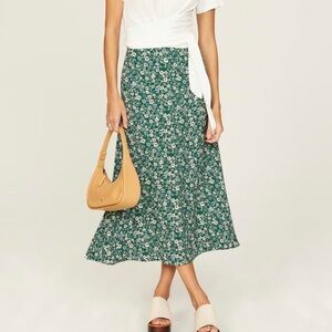 Reformation Green and White Floral Skirt
